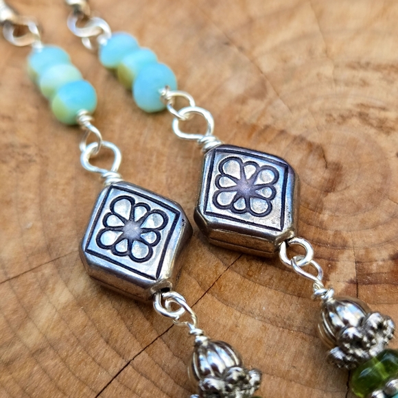 Opal, Turquoise Silver Flower Boho Dangle Earrings Linear Fun Summer - Picture 2 of 6